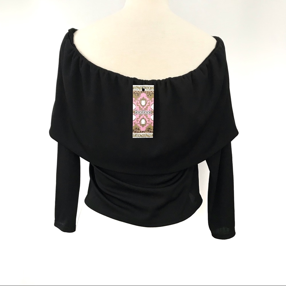 BooHoo BLACK Deep Off Shoulder Ribbed Semi Crop - Picture 4 of 7